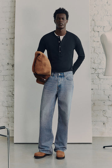 Geribbeld linnen mix Henley-shirt
